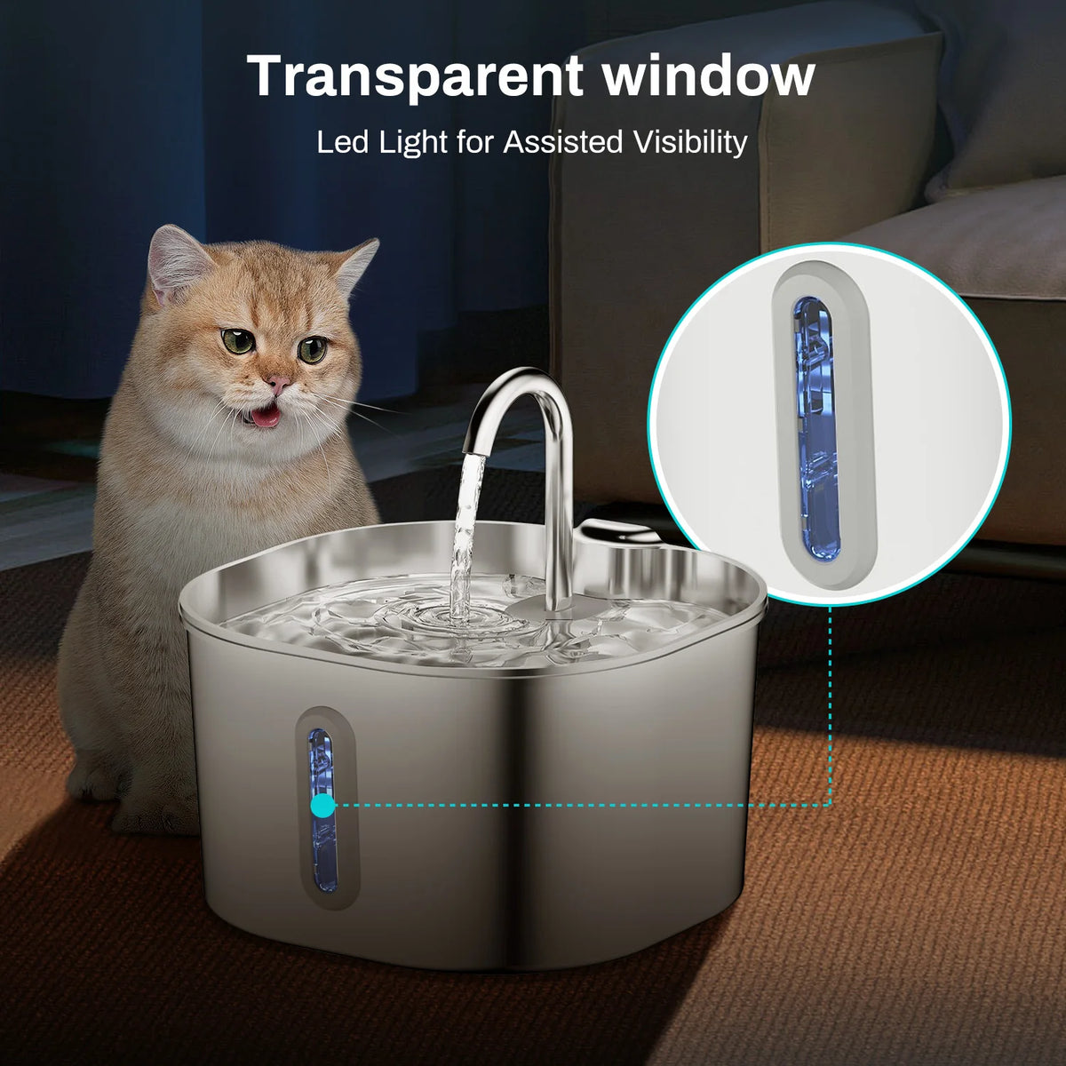 2.2L Automatic Stainless Steel Cat and Dog Water Fountain with Window (No 5V 1A Plug)