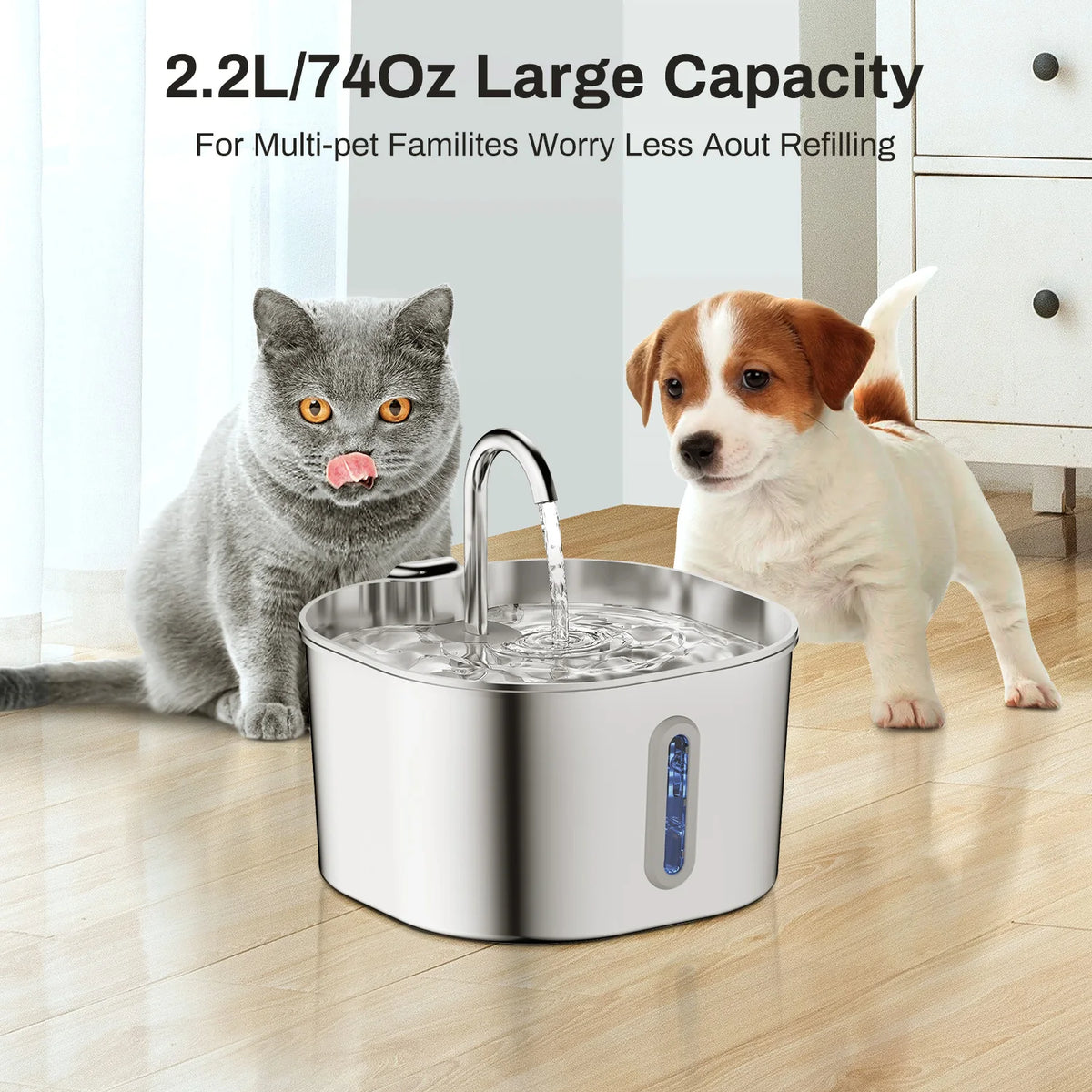 2.2L Automatic Stainless Steel Cat and Dog Water Fountain with Window (No 5V 1A Plug)