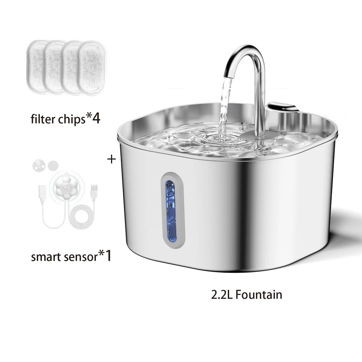 2.2L Automatic Stainless Steel Cat and Dog Water Fountain with Window (No 5V 1A Plug)